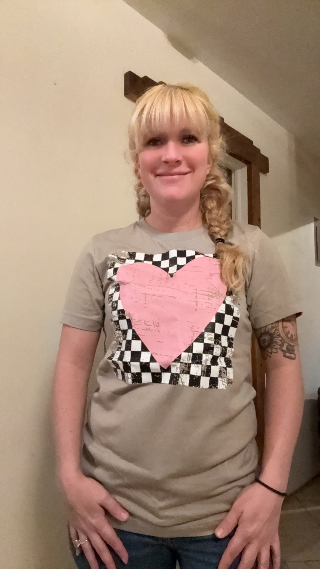 Pink heart distressed checkered tee