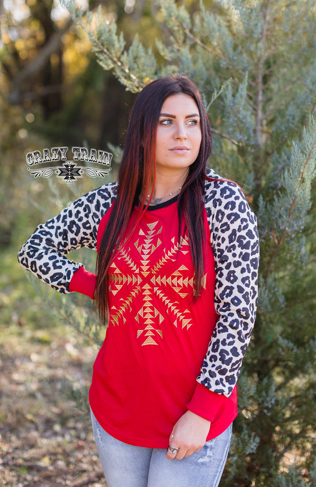 Red with leopard sleeves top